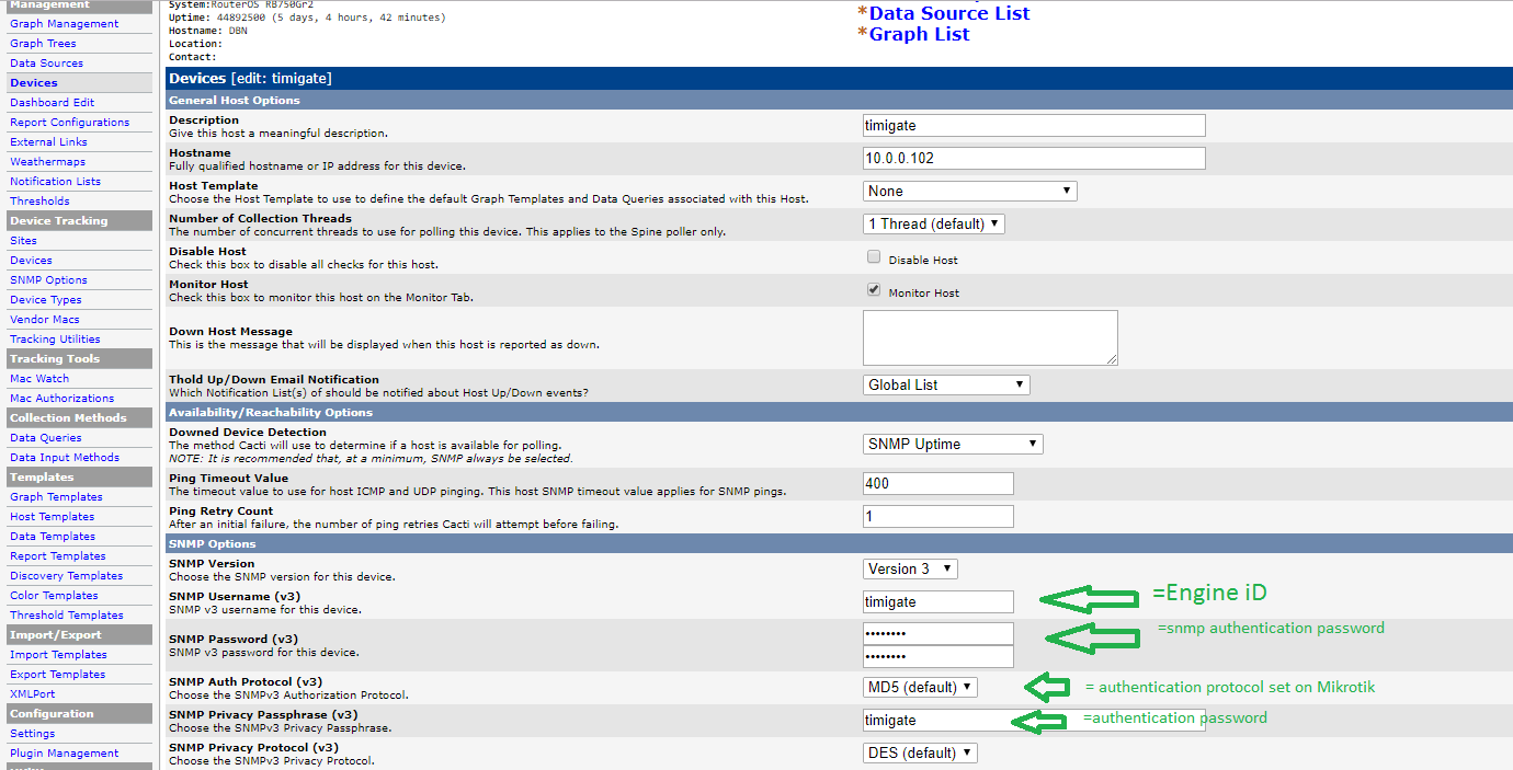 add mikrotik snmp version 3 device to cacti